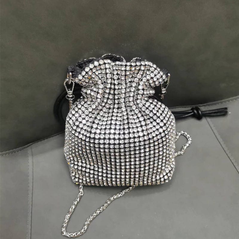 M / silver 2022 Shenglu Guangzhou Drawstring Rhinestone Purse Latest Lady Famous Crystal Jewelry Purse Handbag