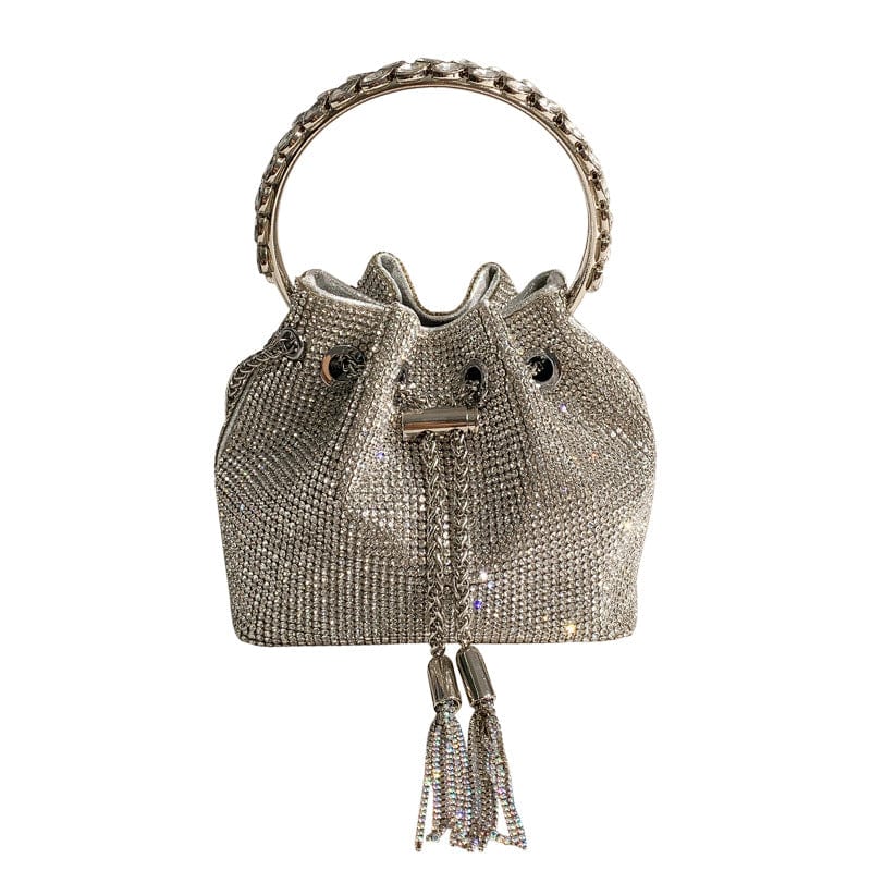 M / silver 2022 Shenglu Hot Latest Designer Lady Rhinestone Bucket Tassel Handbag Purse Tote Blue Diamond Evening Shoulder Crossbody Bags