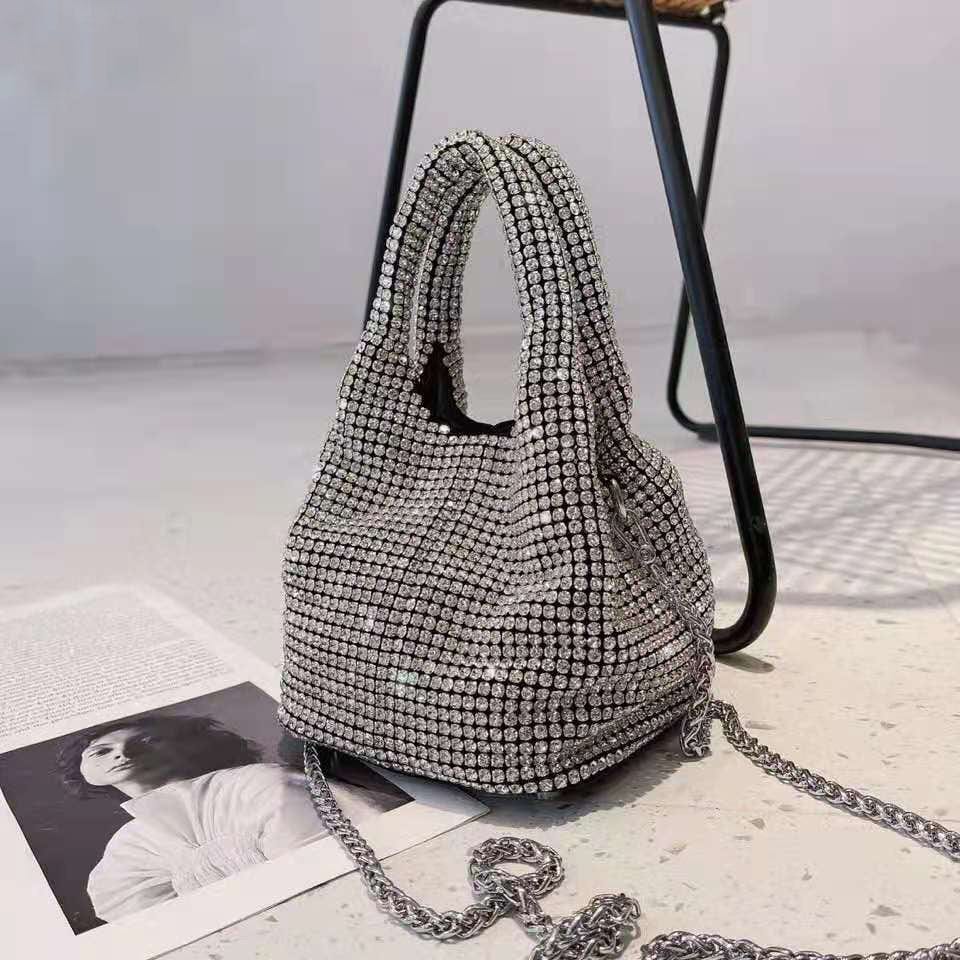 M / silver 2022 Shenglu New Fashion Lady Women Rhinestone Vest Basket Handbag Purse Tote Bling Diamond Party Evening Shoulder Crossbody Bag
