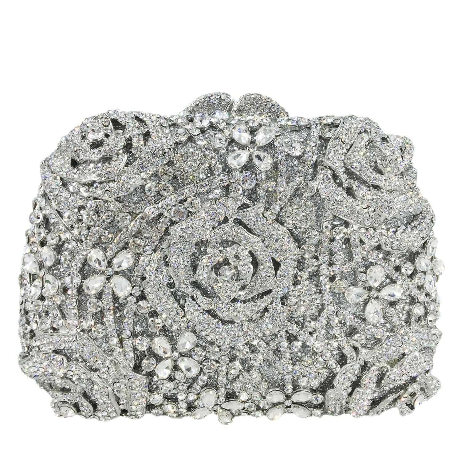 M / silver Flower Clutch Women Evening Bags Wedding Bridal Rose Handbags Party Dinner Rhinestone Handbag Purse
