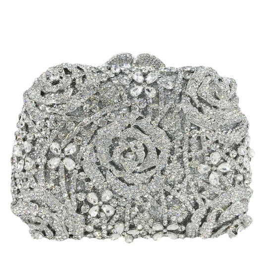 M / silver Flower Clutch Women Evening Bags Wedding Bridal Rose Handbags Party Dinner Rhinestone Handbag Purse