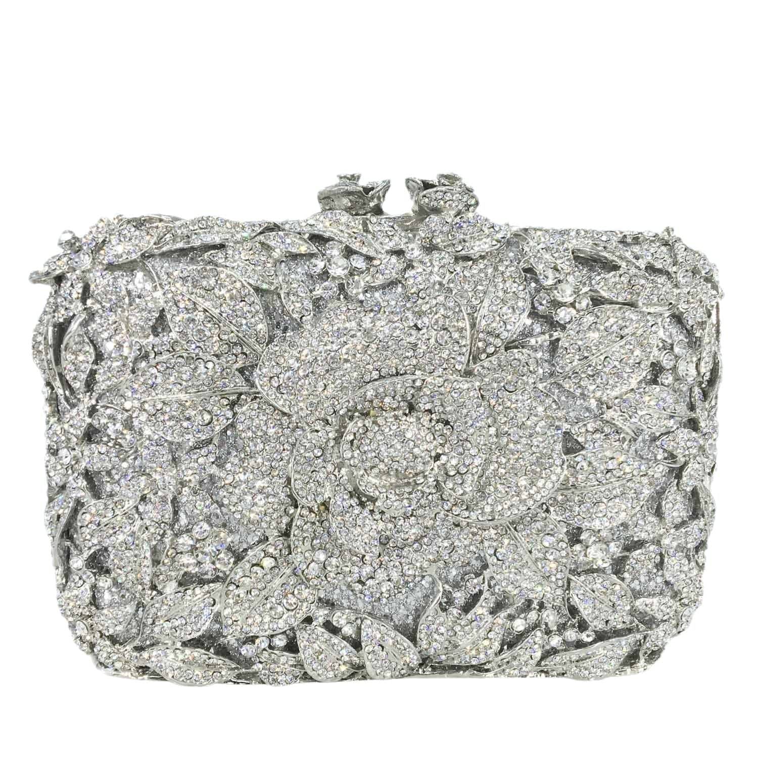 M / silver Ladies Diamond Handbag Handmade Hollow Out Crystal Evening Bags Luxury Metal Frame Flower Clutch Bag Purse for Women