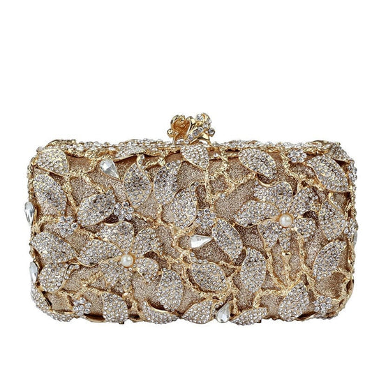 M / silver Ladies  Hollow Out Pearl Diamond Handbag Handmade Crystal Evening Beaded Bags Metal Frame Flower Clutch Bag Purse for Women