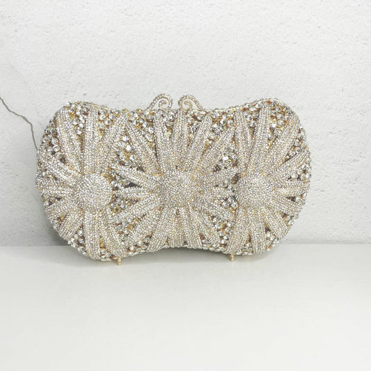 M / silver Luxury Women Evening Party Elegant Bridal Wedding Diamond Rhinestone Bag Crystal Sunflower Purses Bag