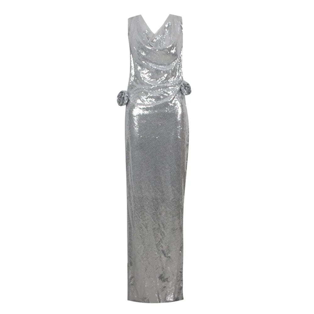 M / silver OUDINA Factory Fashion Rhinestone Sequins Silver Women's Clothing Mesh Bodycon Long Women Dresses