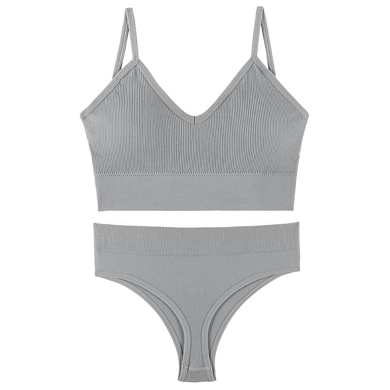 M / Silver Women Push Up Sports Bra Set G-String Seamless Active Bra Thong Set Fitness Crop Top Underwear Bra & Brief Sets