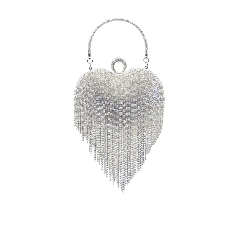 M / Silver Women Rhinestones Purse Wedding Party Bling Purse Ladies Luxury Heart Shape Diamond Tassel Evening Clutch Fashion Bag