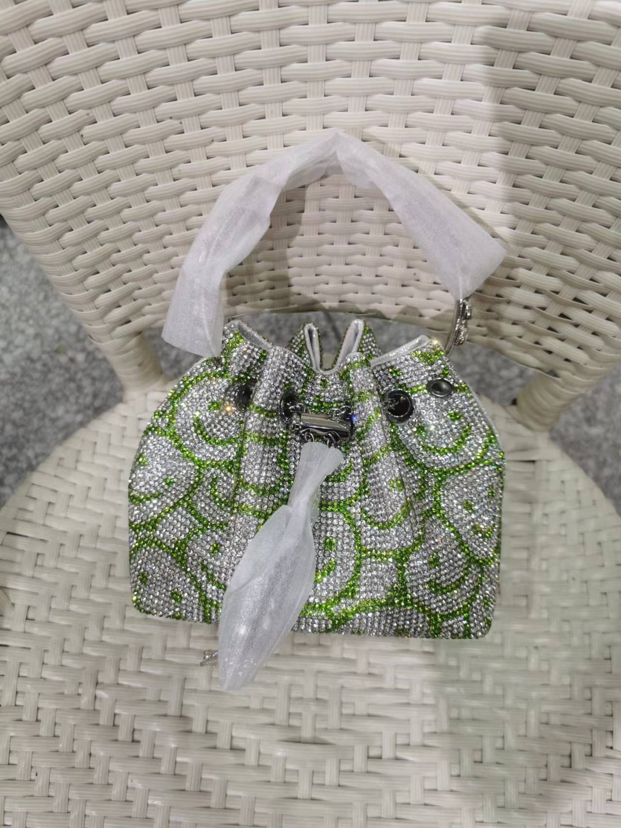 M / Smile Face Green 2022 Shenglu Hot Latest Designer Lady Rhinestone Bucket Tassel Handbag Purse Tote Blue Diamond Evening Shoulder Crossbody Bags