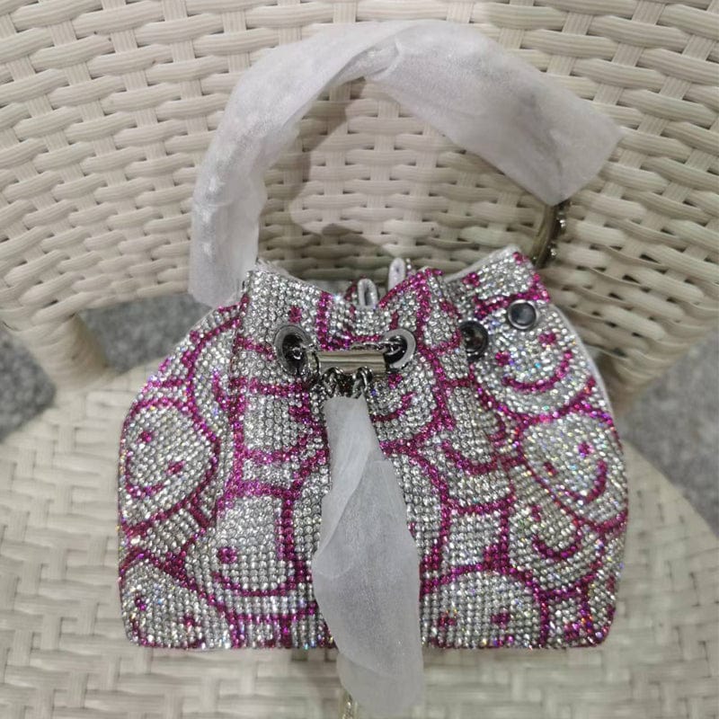 M / Smile Face Rose 2022 Shenglu Hot Latest Designer Lady Rhinestone Bucket Tassel Handbag Purse Tote Blue Diamond Evening Shoulder Crossbody Bags
