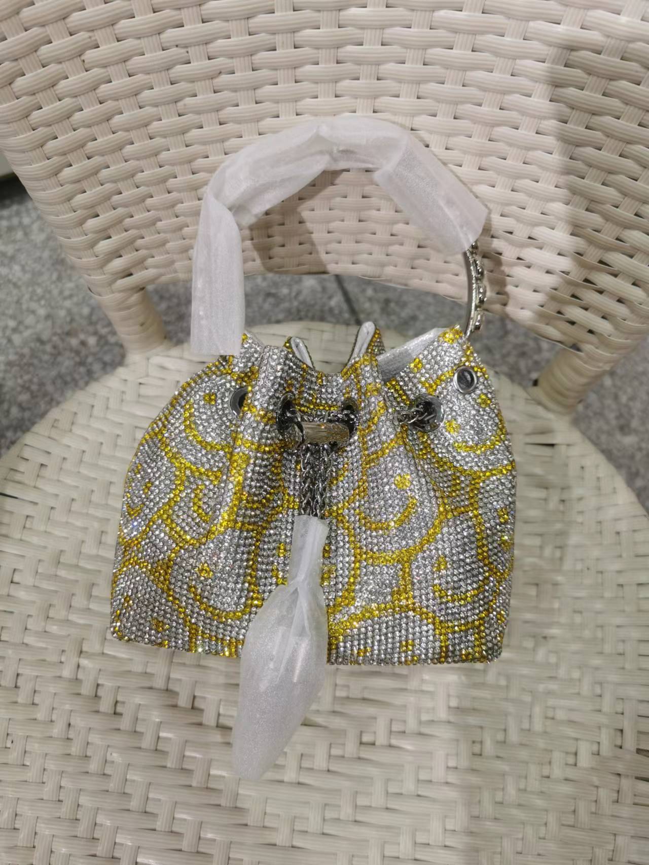 M / Smile Face Yellow 2022 Shenglu Hot Latest Designer Lady Rhinestone Bucket Tassel Handbag Purse Tote Blue Diamond Evening Shoulder Crossbody Bags