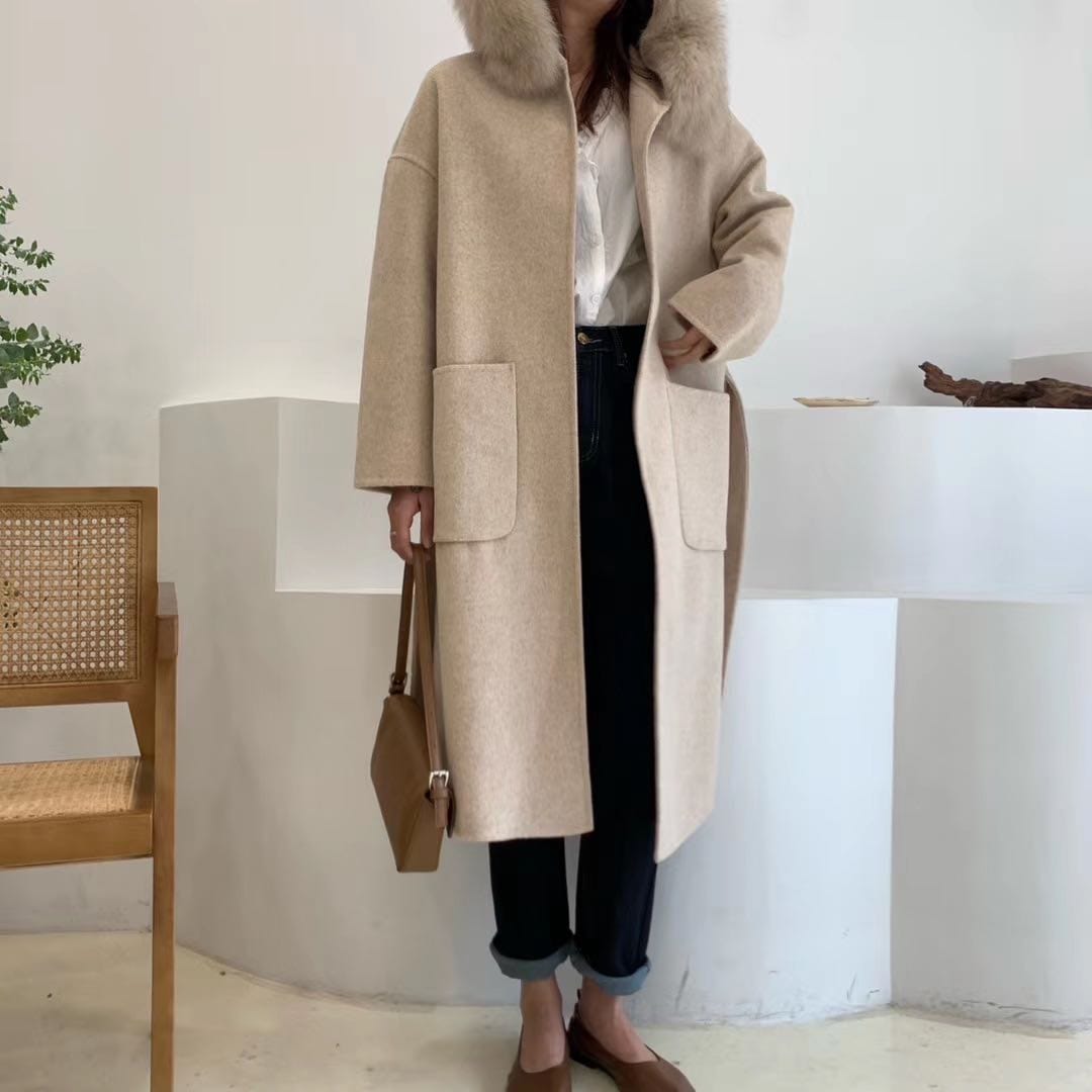 M / taupe QIUCHEN- QC19055 hot-selling women warm trench jacket cashmere belt long plus size fox fur collar wool coat