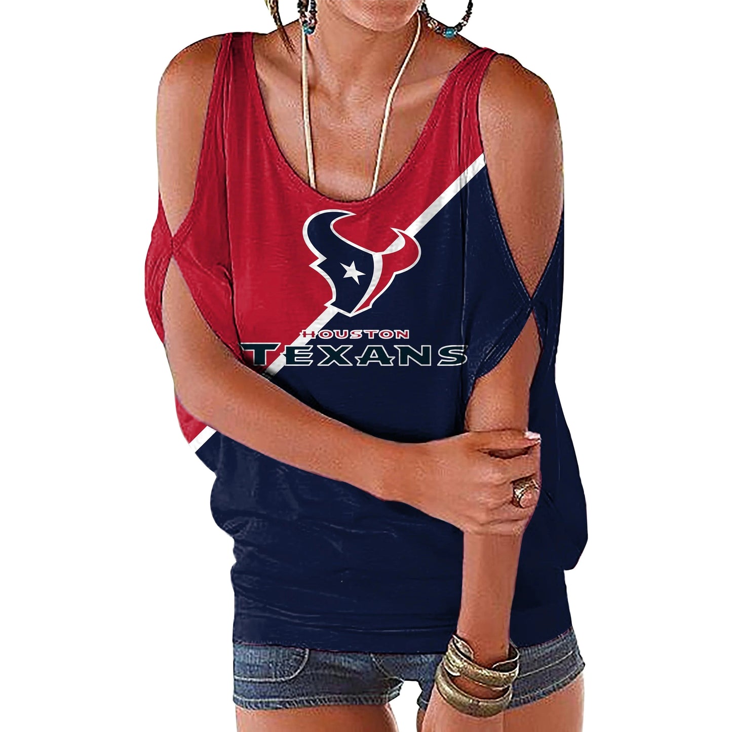 M / texans custom nfl polyester t shirt girl o neck short sleeve plain shirts ladies off shoulder plus size women's blouses & shirts