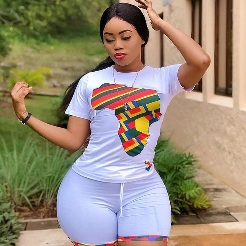 M / White 2022 New Arrival African American Camouflage T shirt With Shorts Two Pieces Set Women Clothing Sports Workout Fashion Outfit