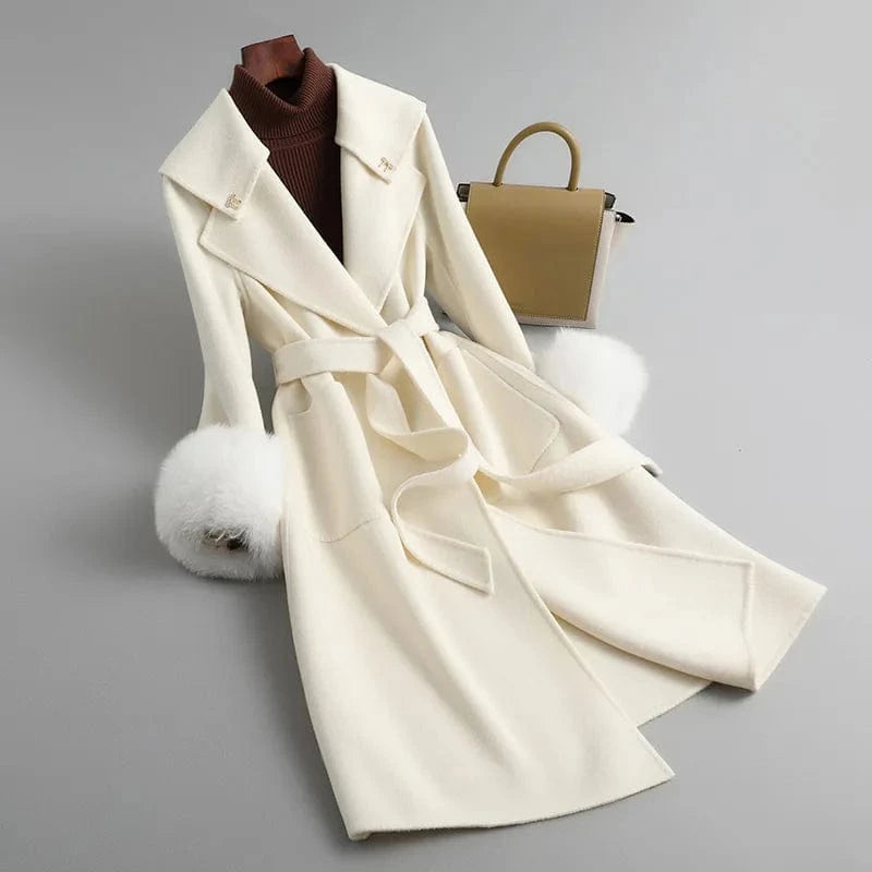M / White 2023 Long Oversized Wool Cashmere Coat Korean Casual Mink Fur Coat With Belt