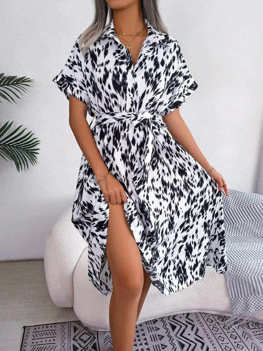 M / White 2023 Summer European and American Casual loose Leopard print lace-up Waist shirt dress Women's clothing
