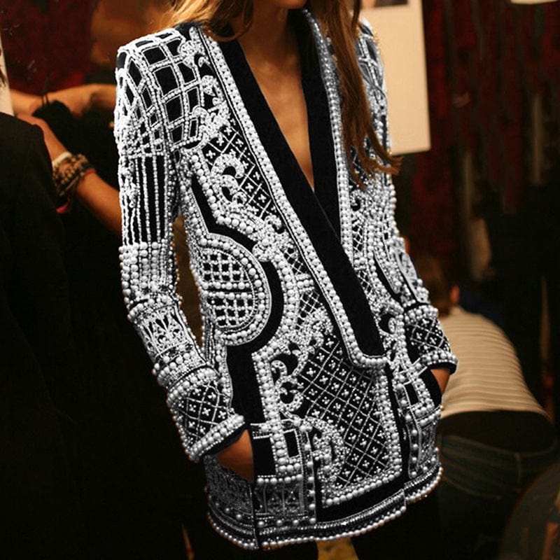 M / White C1104TA18 High Quality Office Elegant Beaded Decoration Blazer Coats For Women Sehe Fashion