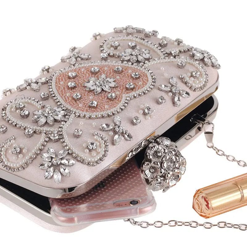 M / White Elegant European Style Luxury Diamond Bags Stone Beaded Clutch Purse For Women Flowers Wedding Evening HandBags