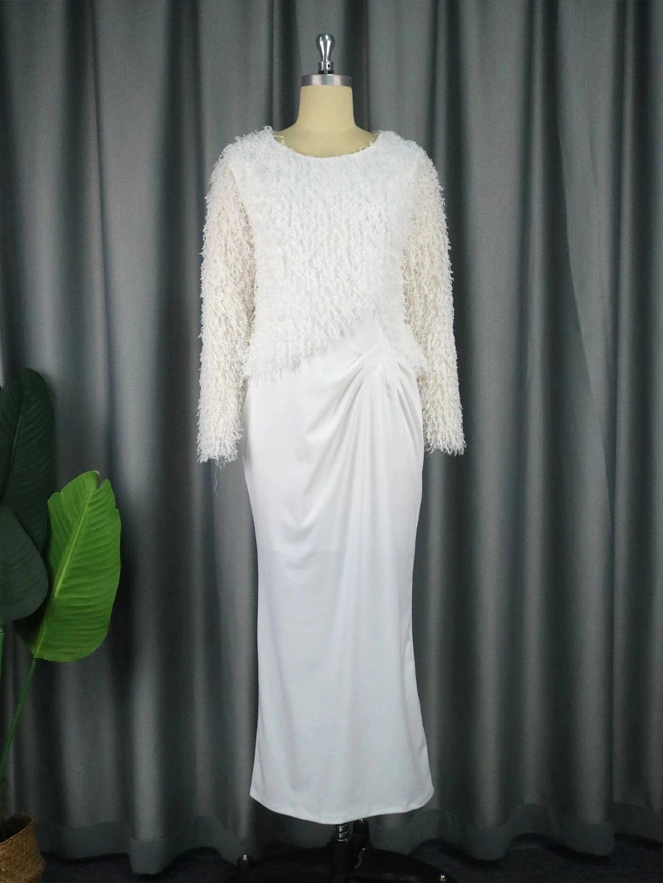M / White Elegant Full Sleeves Tassels Christmas Plus Size Women White Dresses
