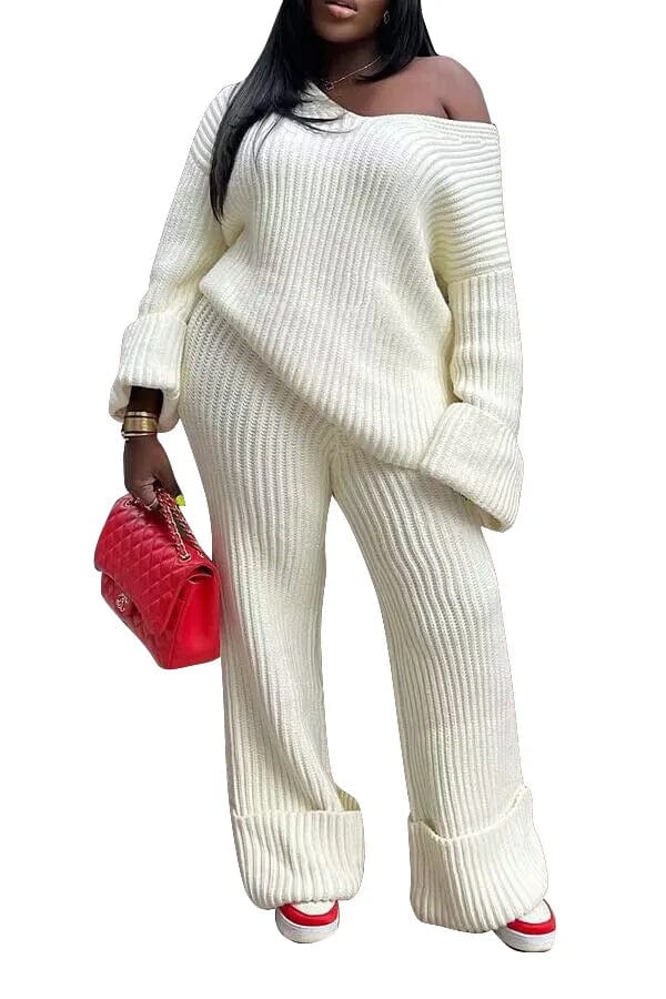 M / White Fall Winter Female Two 2 Pieces Clothing Sets Casual V Neck Loose Knit Pullover Sweater Pant Sets For Women