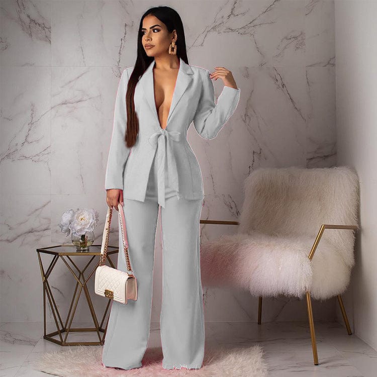 M / White Hot selling Sexy Blazer and Pants Two Pcs Set Bow Ladies Elegant Female Formal Women Suits Jumpsuit For Ladies
