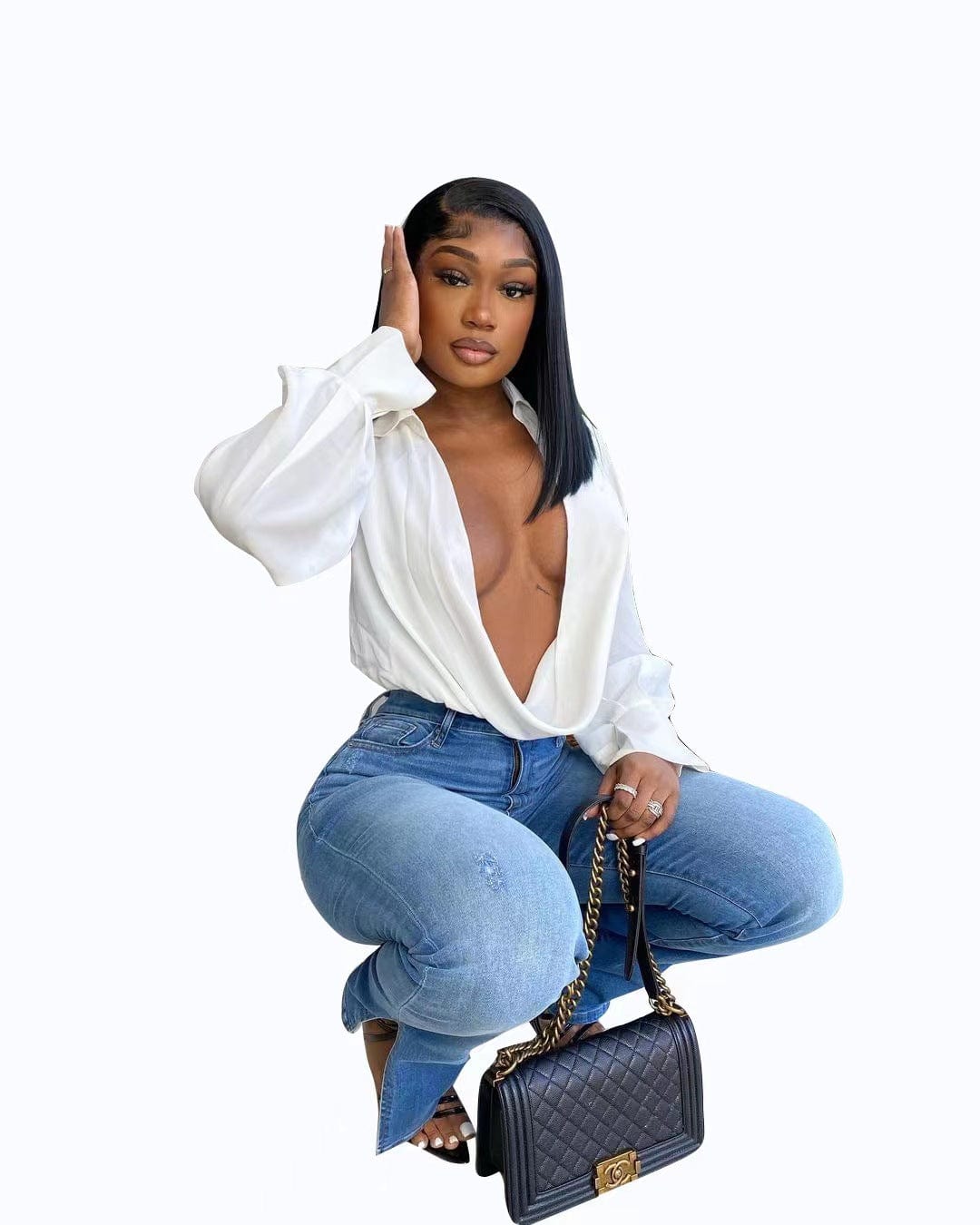 M / White J&H 2023 new arrivals all white elegance women's blouses shirts long sleeve sexy deep v neck autumn women's clothing
