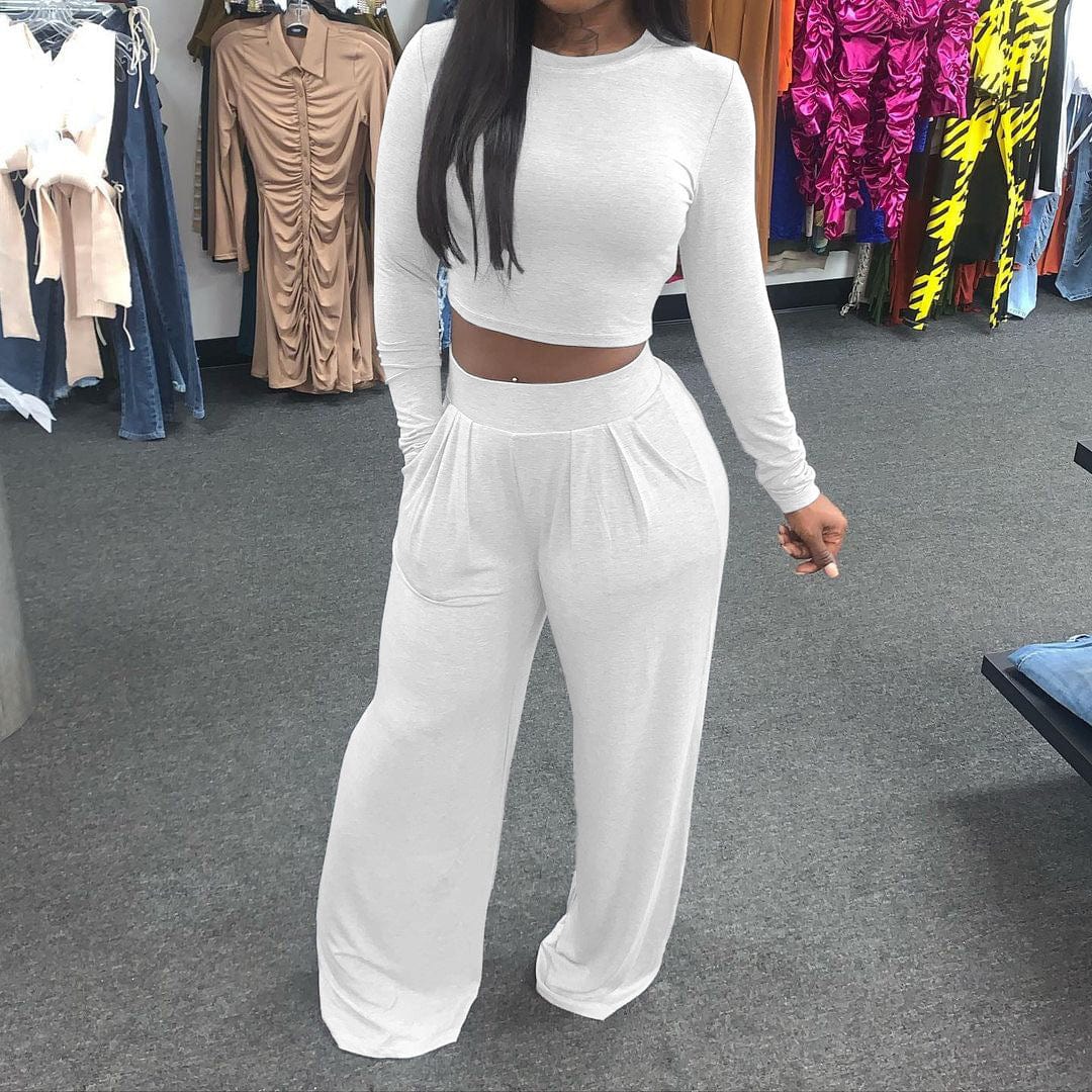 M / White LQ-059 Solid Color Wide-Leg Loose Casual Two Piece Set Fall Winter New Suit Women Clothes 2 Piece Matching Sets