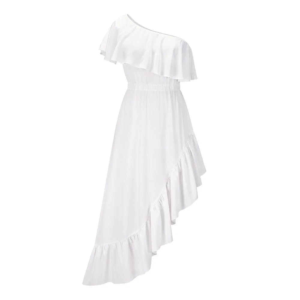 M / White One Shoulder Sexy Dress Skinny Irregular Ruffles Party Dress Women Wholesale Clothing