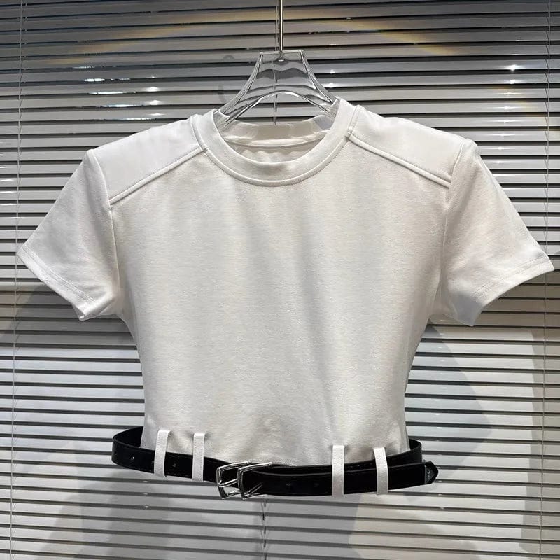 M / White OUDINA Wholesale Casual Tops Belt Shoulder Pads Short Sleeve T-shirt Plain White Women Crop T Shirt