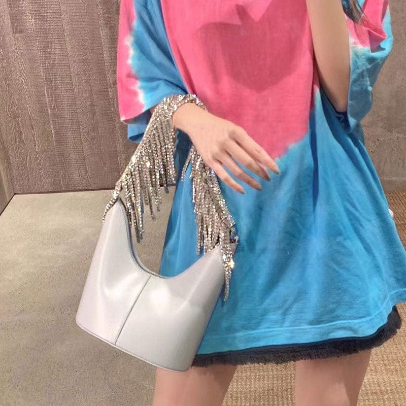 M / White Popular Ladies Party Evening Purse Female Leather Crossbody Diamond Tassel Underarm Bag Bucket Woman's Shoulder Handbag