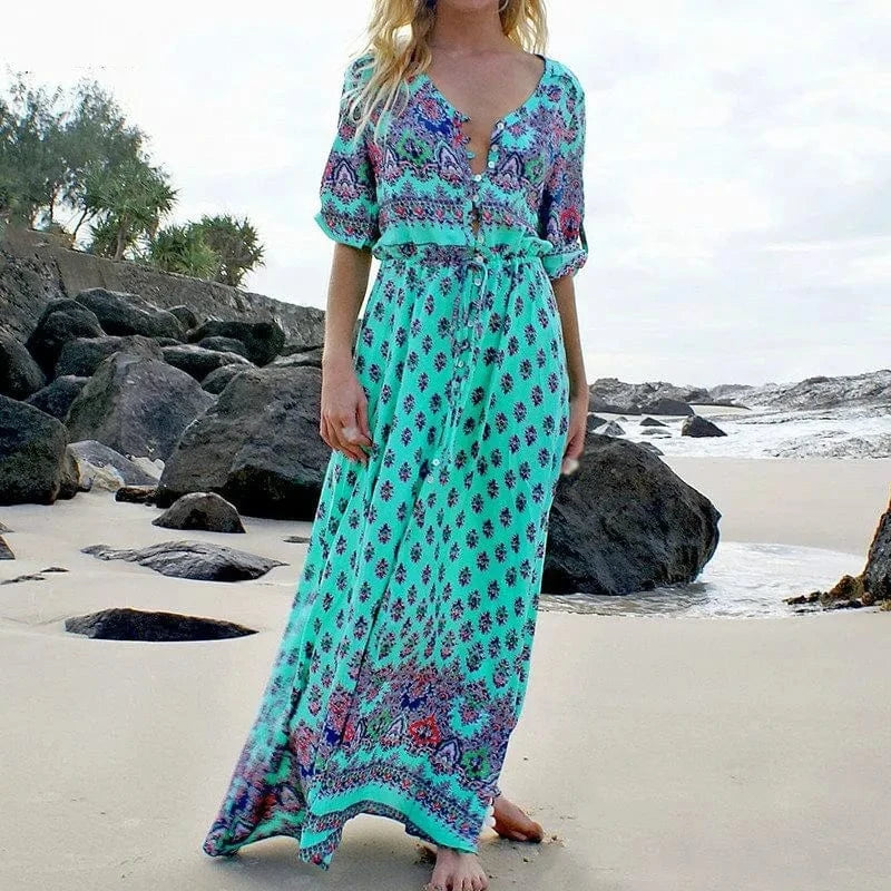 M / White S-5XL Bohemian Floral Women Beach Summer Maxi Dress Plus Size Sexy V-neck Casual Dress Holiday Chiffon Party Long Dresses