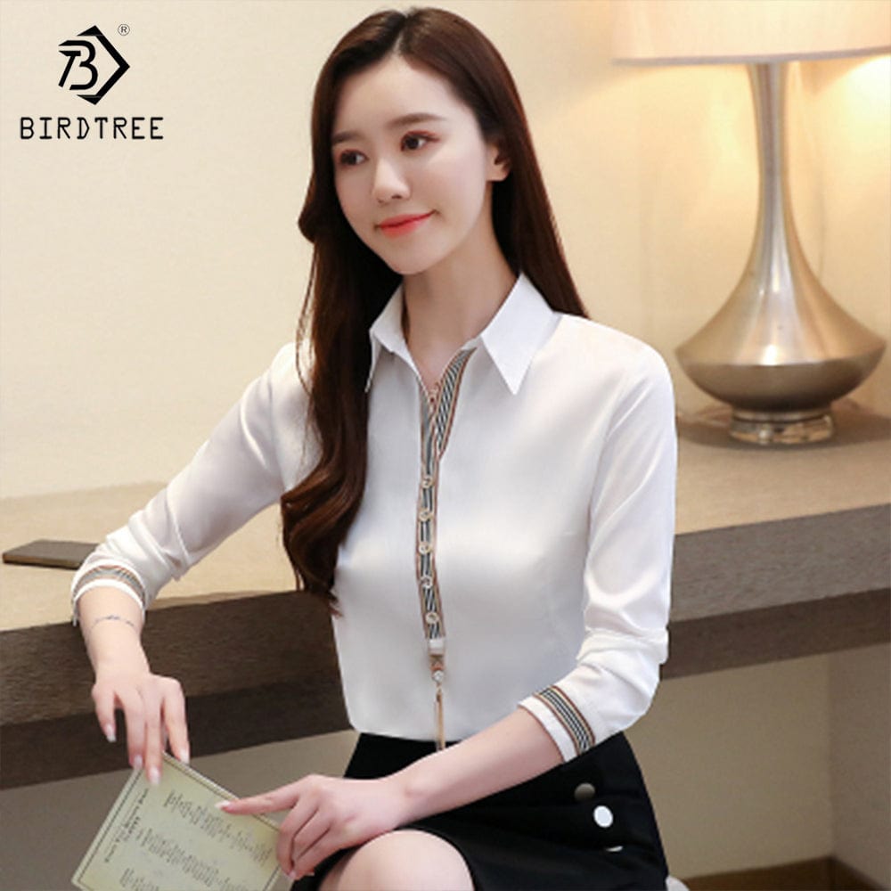 M / White Woman Long Sleeve Shirts Elegant Solid Color Patchwork Workwear Office Slim Blouses Shirt Tops Autumn Dropshipping Support