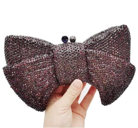 M / wine Luxury Women Bow Clutch Crystal Evening Bags Hard Case Metal Minaudiere Rhinestone Handbags Wedding Party Purse