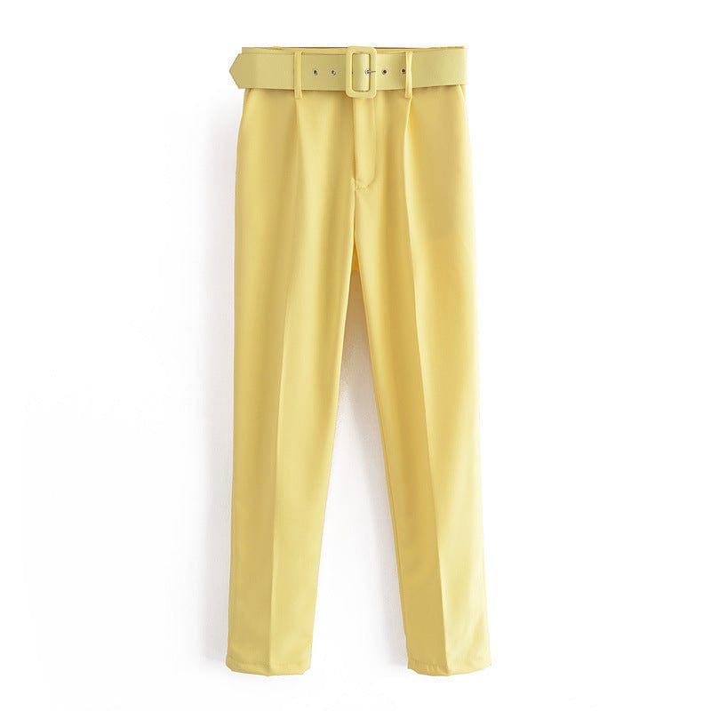 M / with pocket light yellow High waist women harem suit pants with matching belt casual formal office trousers for ladies