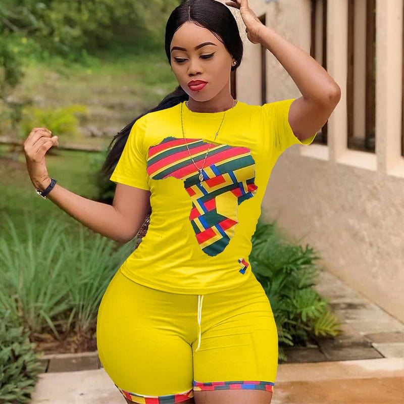 M / Yellow 2022 New Arrival African American Camouflage T shirt With Shorts Two Pieces Set Women Clothing Sports Workout Fashion Outfit
