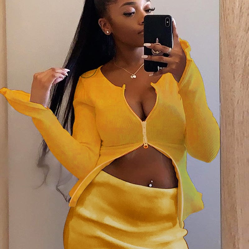 M / Yellow 2022 Wholesale new sexy zipper crop top and short skirt 2 piece sets women summer