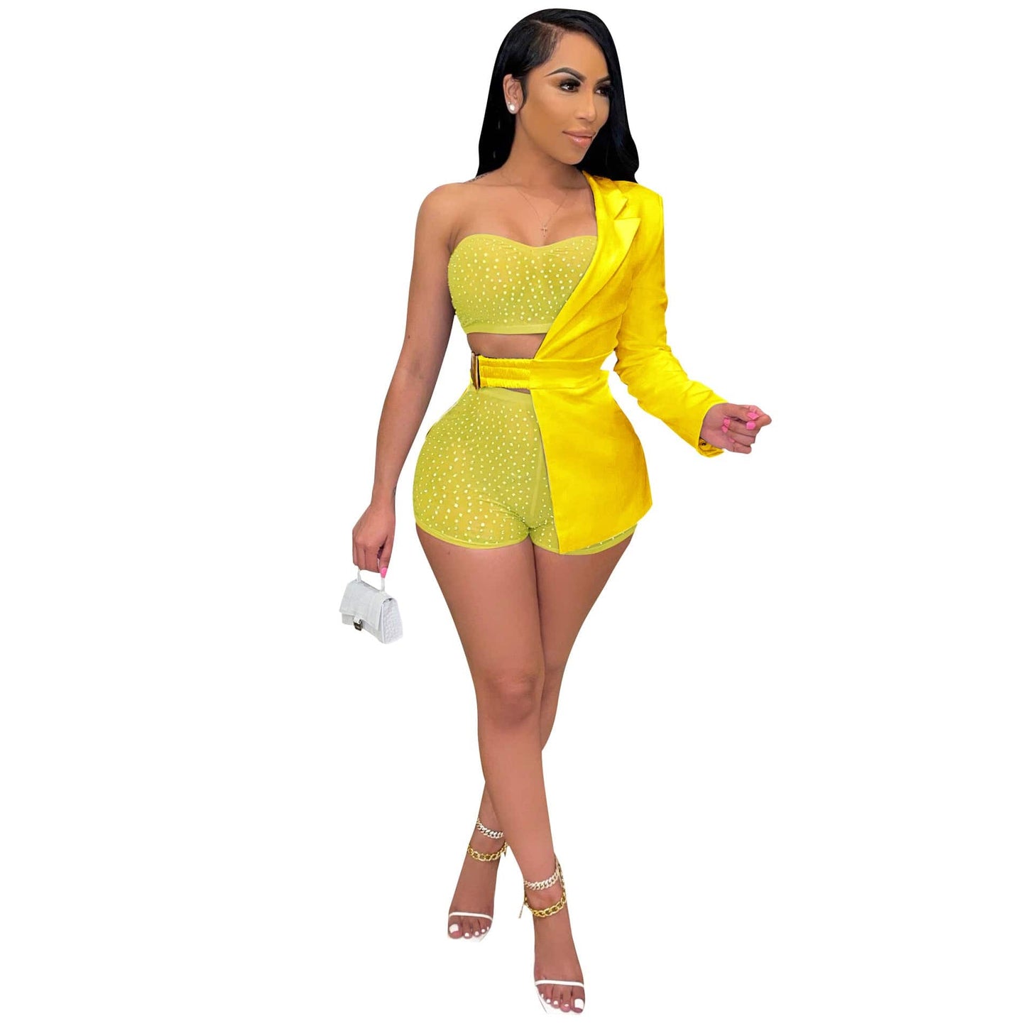 M / Yellow 2022 Women 3 Piece Set Sexy Irregular Mesh Rhinestone Crop Top And Short One Side Lapel Long Sleeve Belt Solid Color Blazer Set