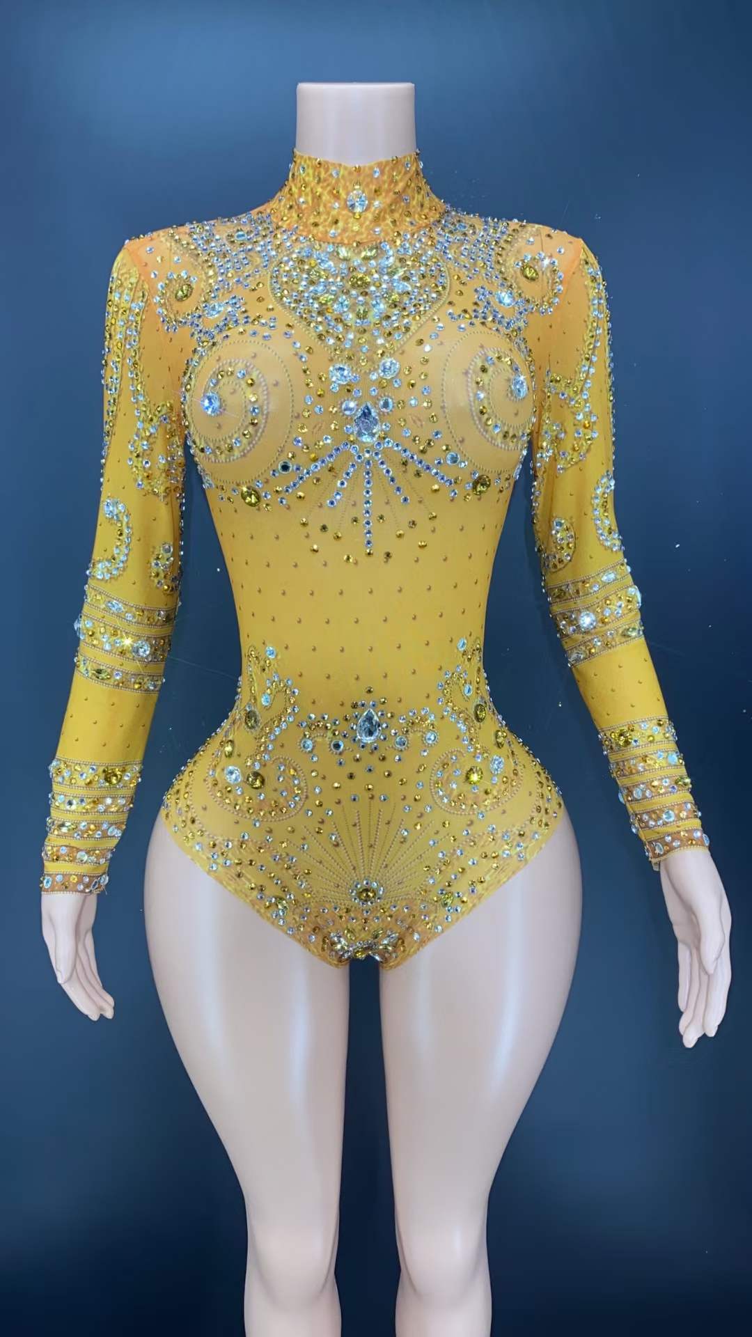 M / Yellow AD1157 Women'S Sexy Crystal Mesh Bodysuit Jumpsuit Stage Costume Nightclub Performance Female Party Wears
