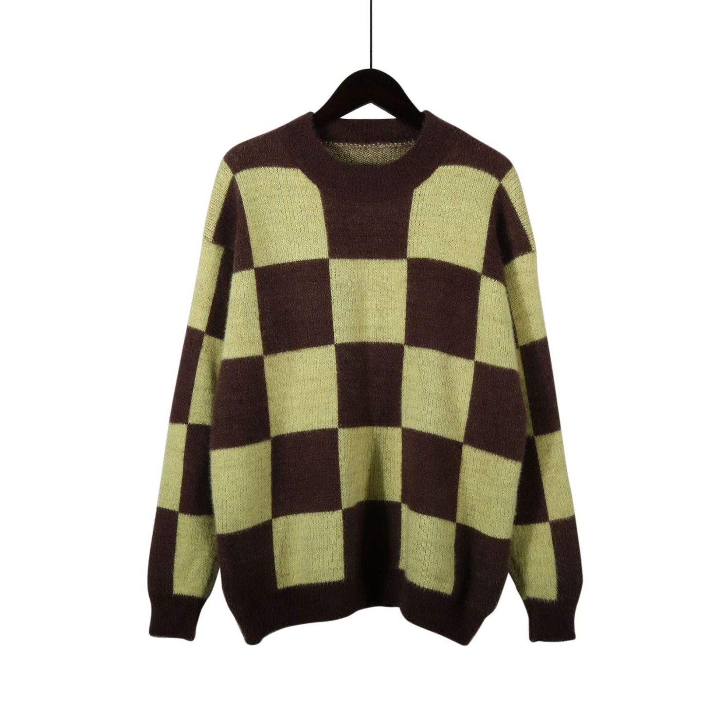 M / Yellow Autumn custom plaid patchwork round neck long sleeve loose knit oversized sweater pullover crew neck sweater for ladies