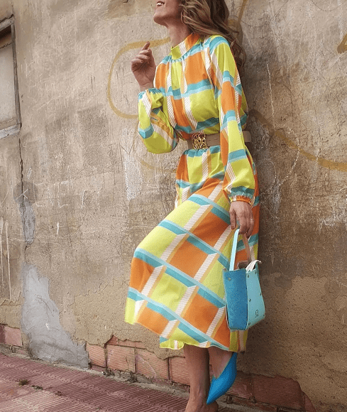 M / Yellow Fashion Ladies Nine-point Sleeve Loose Long Dress Spring Autumn Retro Pattern Print Dress Women Casual O-neck Office Long Dress