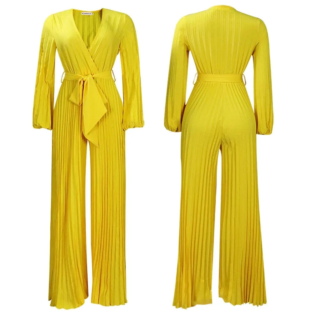 M / Yellow High Quality Summer New V-neck Sexy Straps Pleated Wide-leg Plus Size Women's Jumpsuit