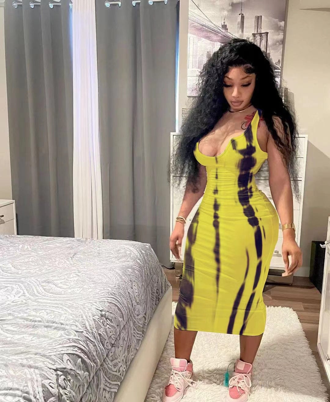M / Yellow J&H 2023 new arrivals ribbed tie dye dress tank top bodycon summer dress sundress women fashion casual dress