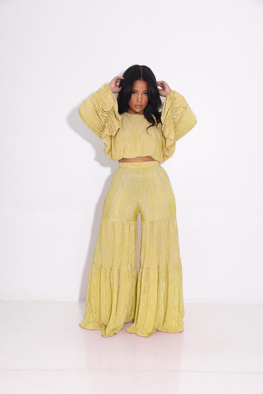 M / Yellow Trendy Women Clothes Solid Plain Fall Lady Casual Crop Top Blouse With Wide Leg 2 Piece Set Two Piece Pants Set Women Clothing