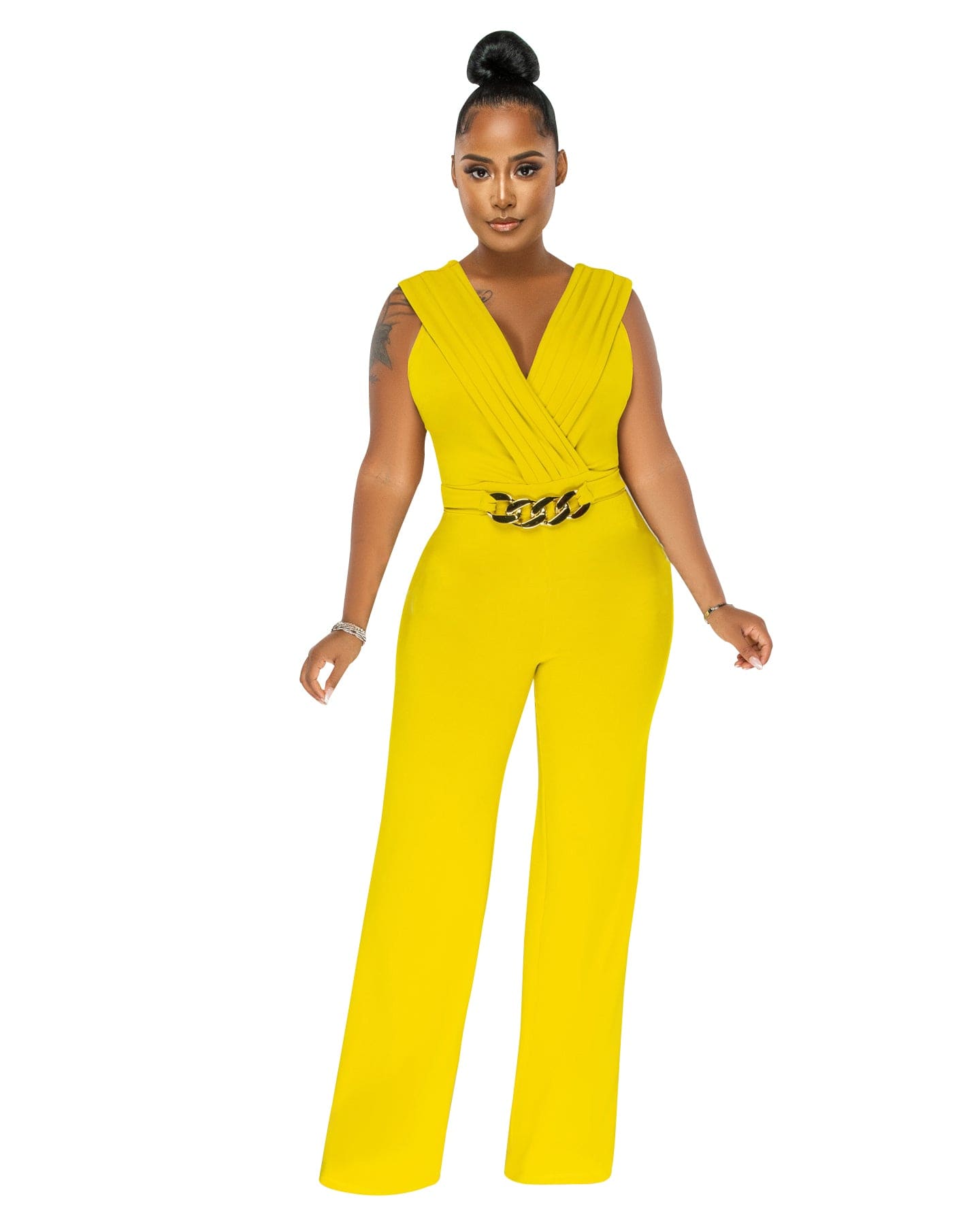 M / Yellow Trendy Women Clothes Womens Jumpsuit Elegant Sleeveless V Neck Pleated Bust Gold Link Jumpsuit Be Your Own Kind Of Beautiful