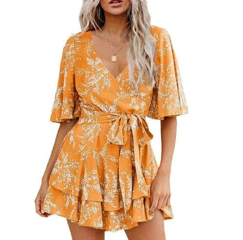 M / Yellow Womens Summer Short Sleeve V Neck Floral Print Dress New Women Chiffon Belt Dress