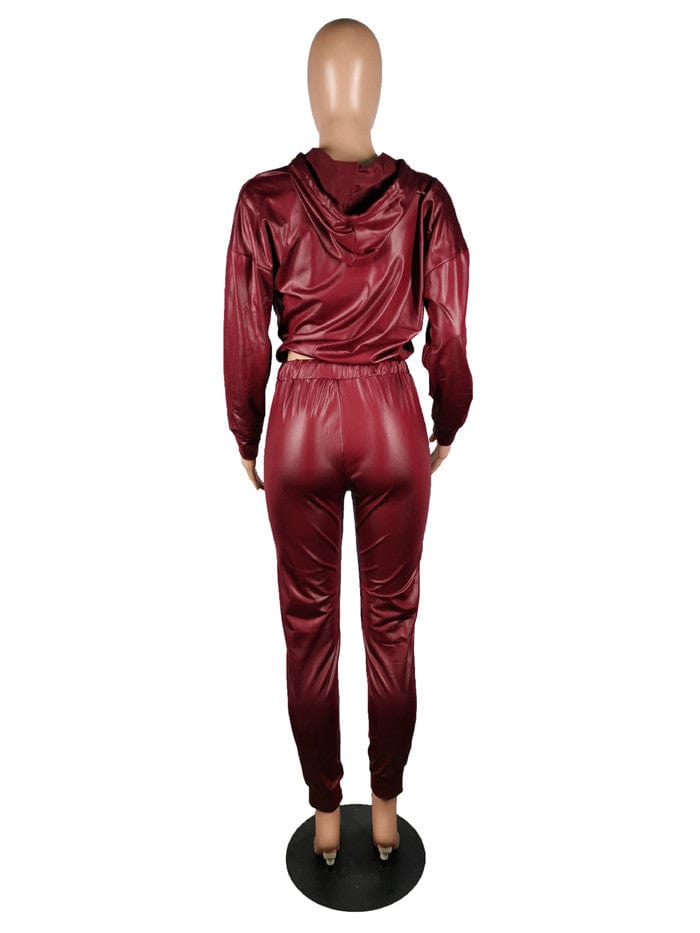 M2502-spring sets women 2023 pu leather set women clothing solid color casual outfits
