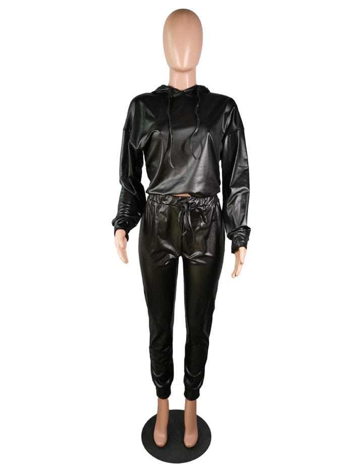 M2502-spring sets women 2023 pu leather set women clothing solid color casual outfits