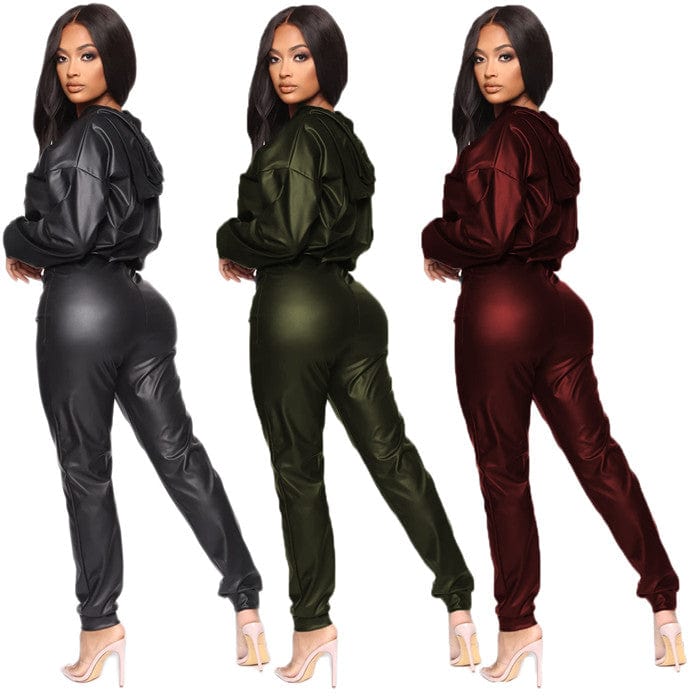 M2502-spring sets women 2023 pu leather set women clothing solid color casual outfits