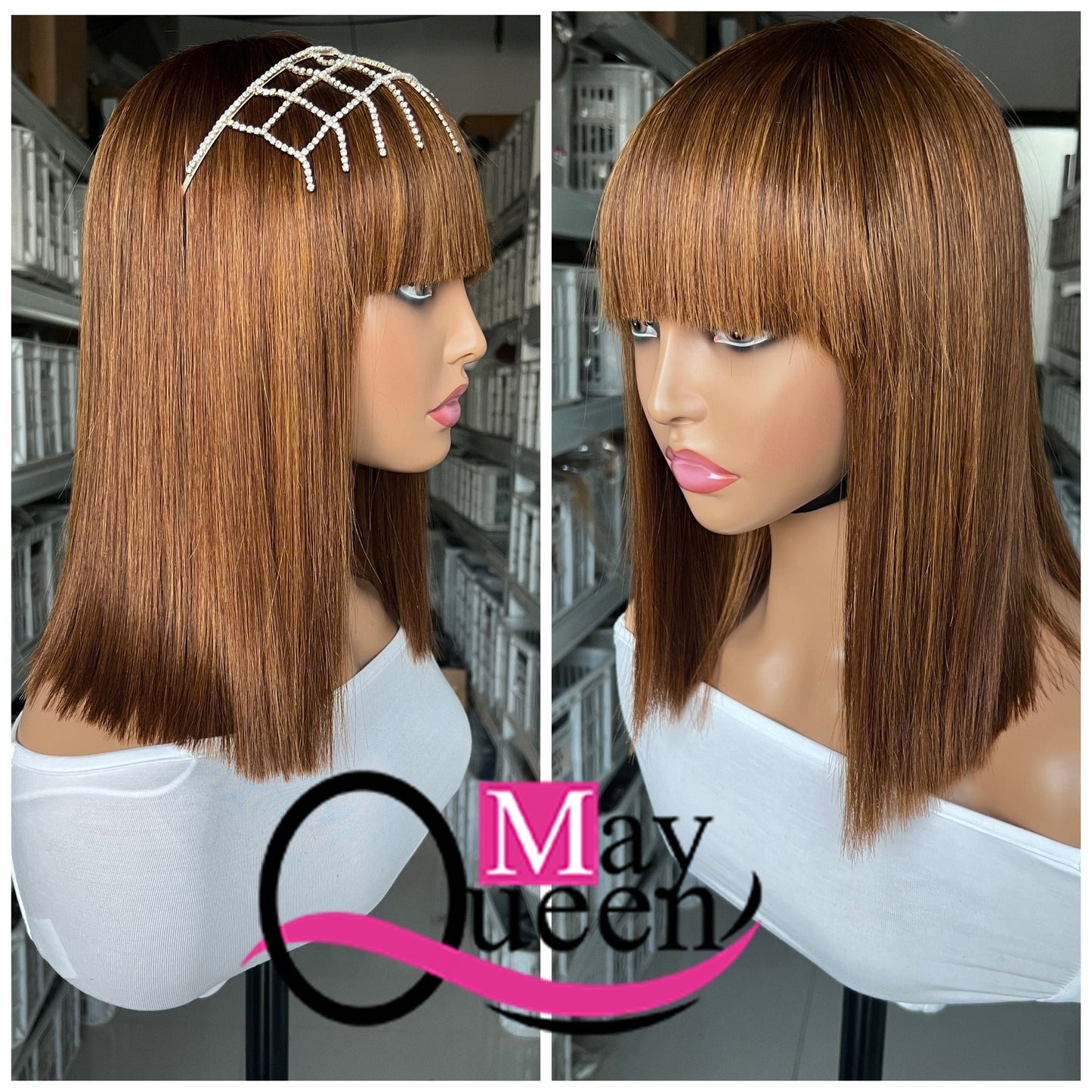 Mayqueen Wholesale Human Hair Super Double Drawn Bob Straight With Bang Natural Ombre Color Closure Lace Frontal Wigs For Black