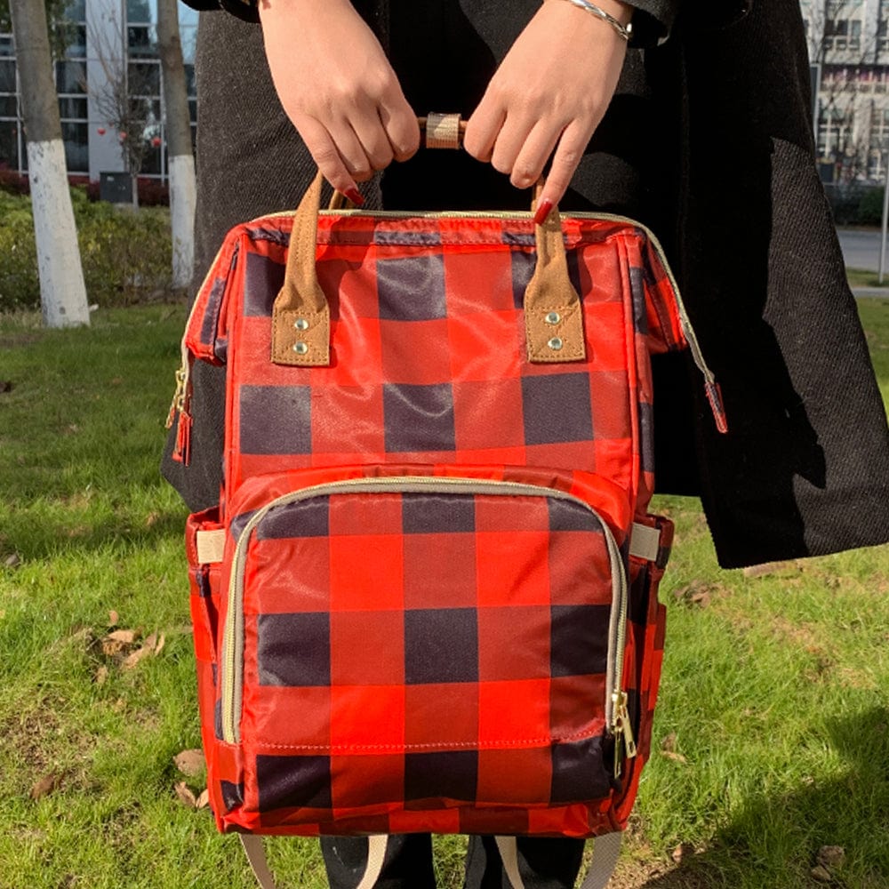 Medium(30-50cm) / Red buffalo plaid Wholesale OEM Factory Serape Leopard  Design Maternity Mummy Bag Tote Handbag Waterproof Travel Diaper Bag For Mom Baby Care