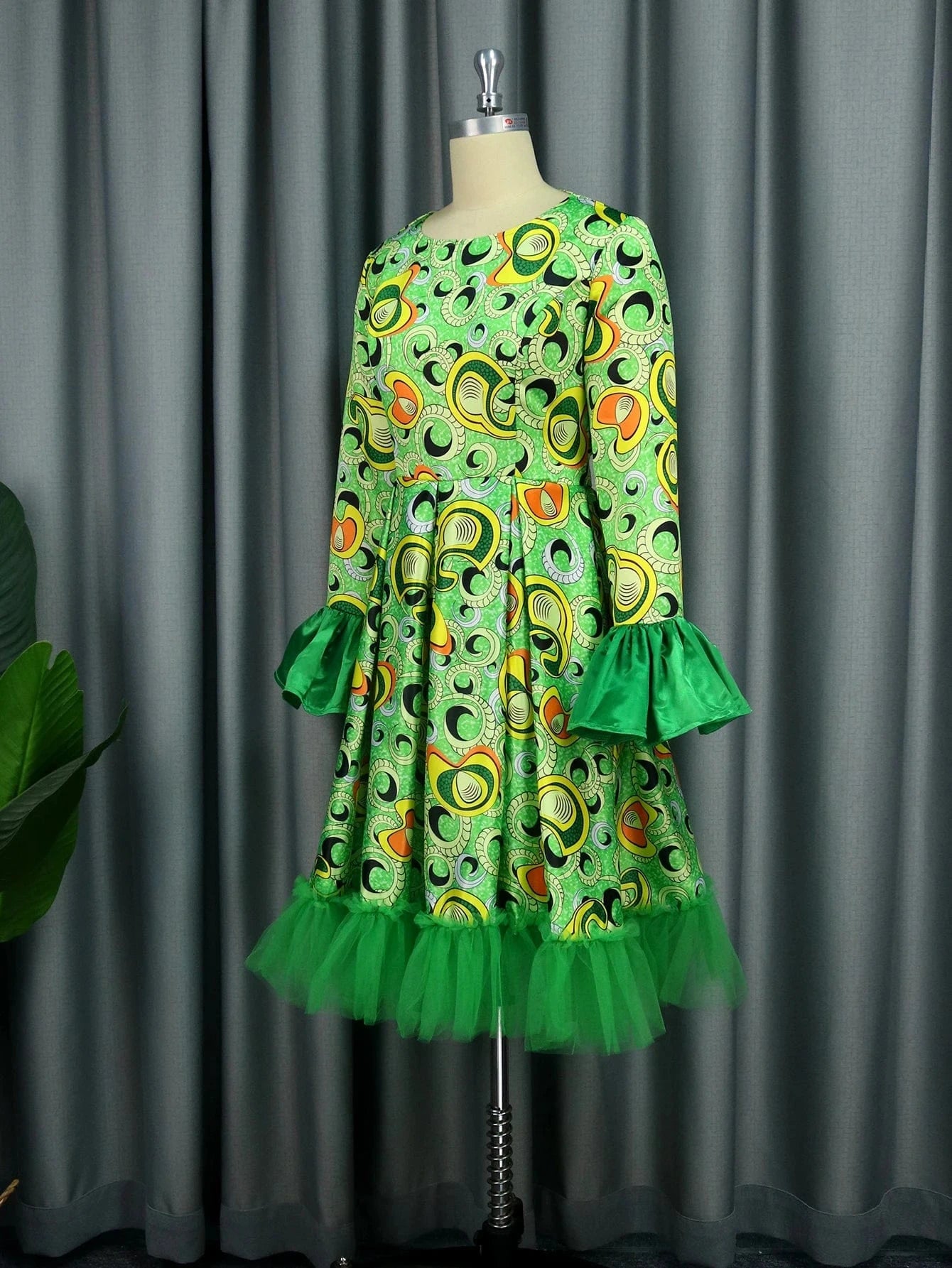 Mesh A Line Printed AOMEI Green Christmas Plus Size Women Party Dress